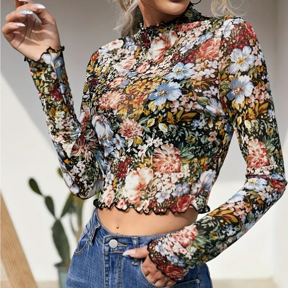Floral Mesh Long-Sleeve Crop Top - Black Multicolor